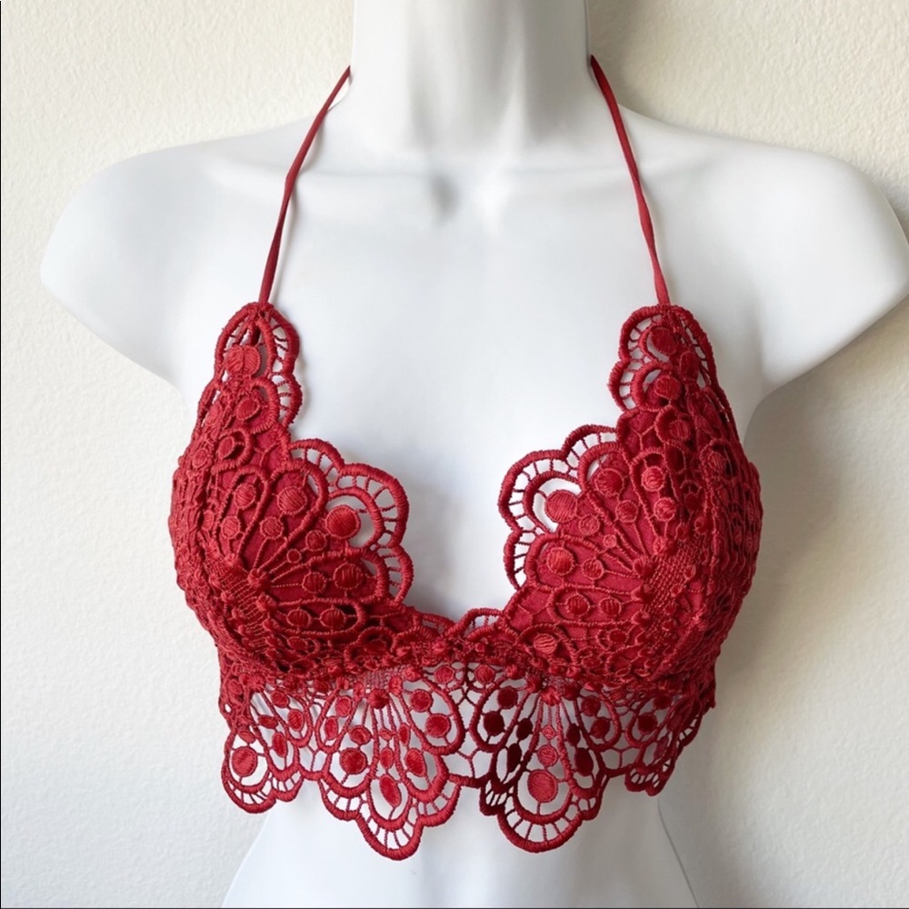 Free People From Under Burgundy Lace Halter Bralette Size M Boho Festival